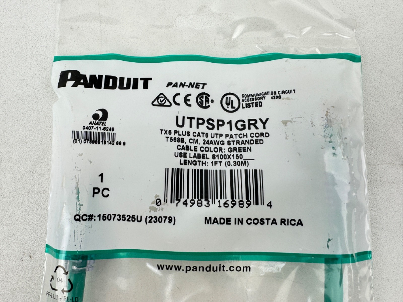 x(6) PANDUIT UTPSP1GRY ETHERNET PATCH CORD, 1 FT