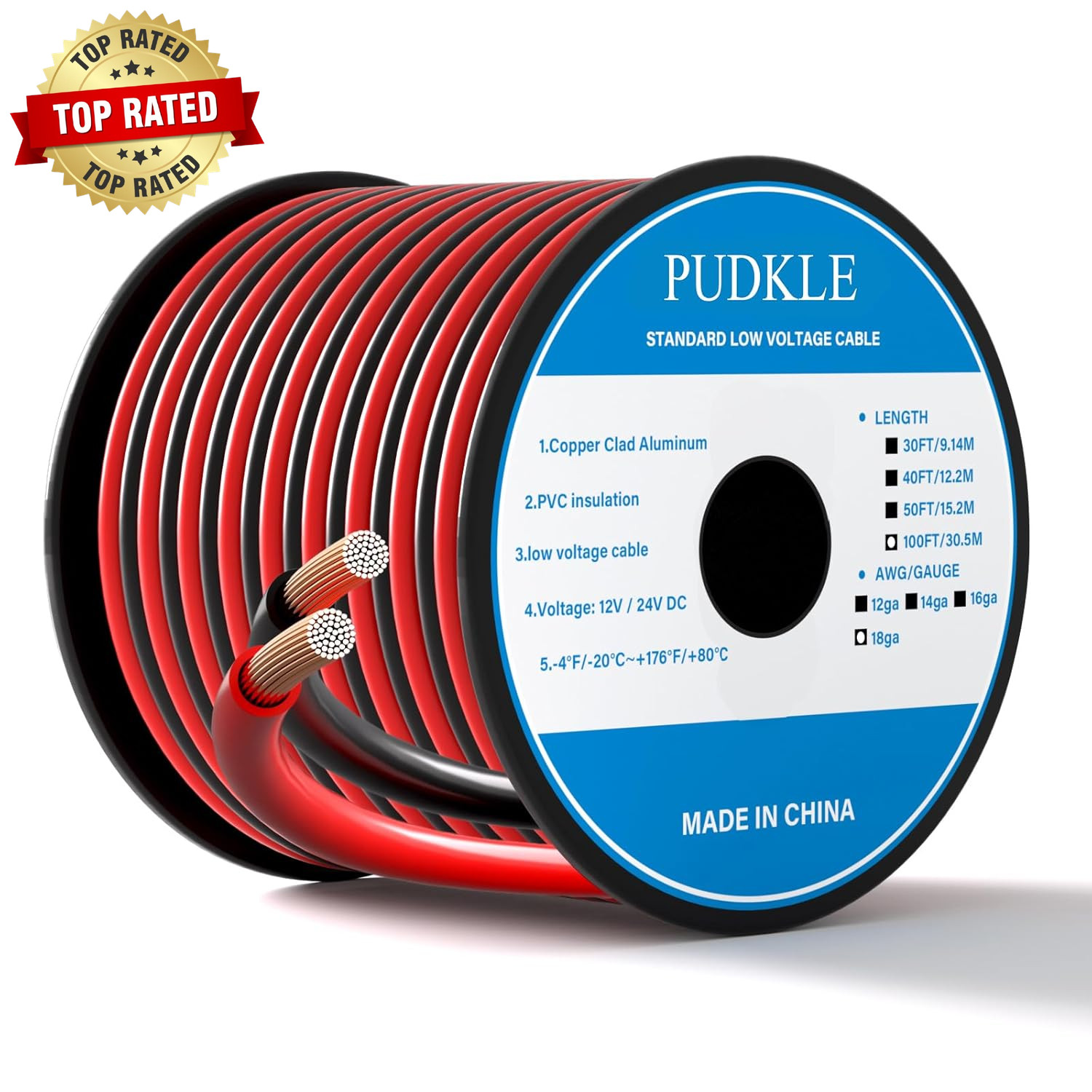 18 Gauge/18 AWG Copper Clad Aluminum 2 Conductor Red Black Electrical Wire 100FT