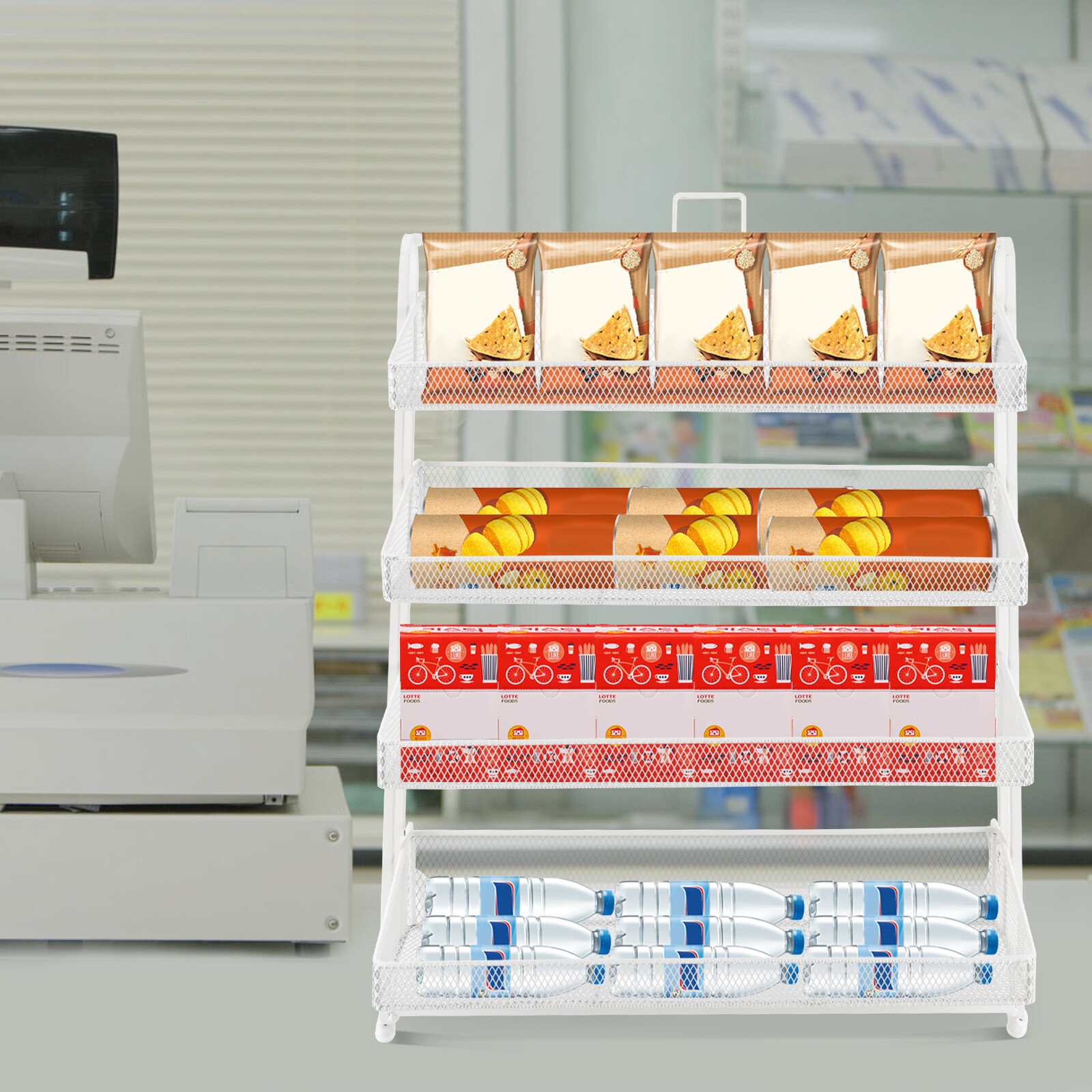 4 Tiers Candy Display Rack Retail Store Shelving Snack Storage Organizer White