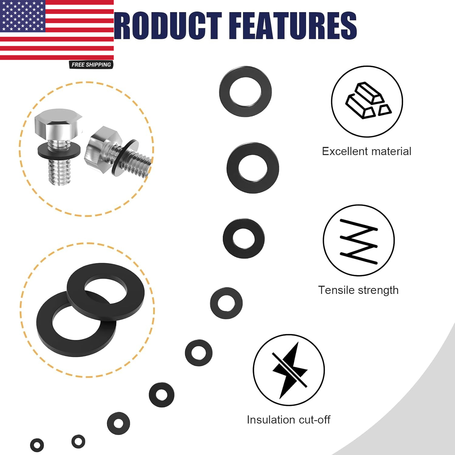 900-Piece Nylon Flat Washer Assortment Kit Black Plastic Flat Washers for Bolts
