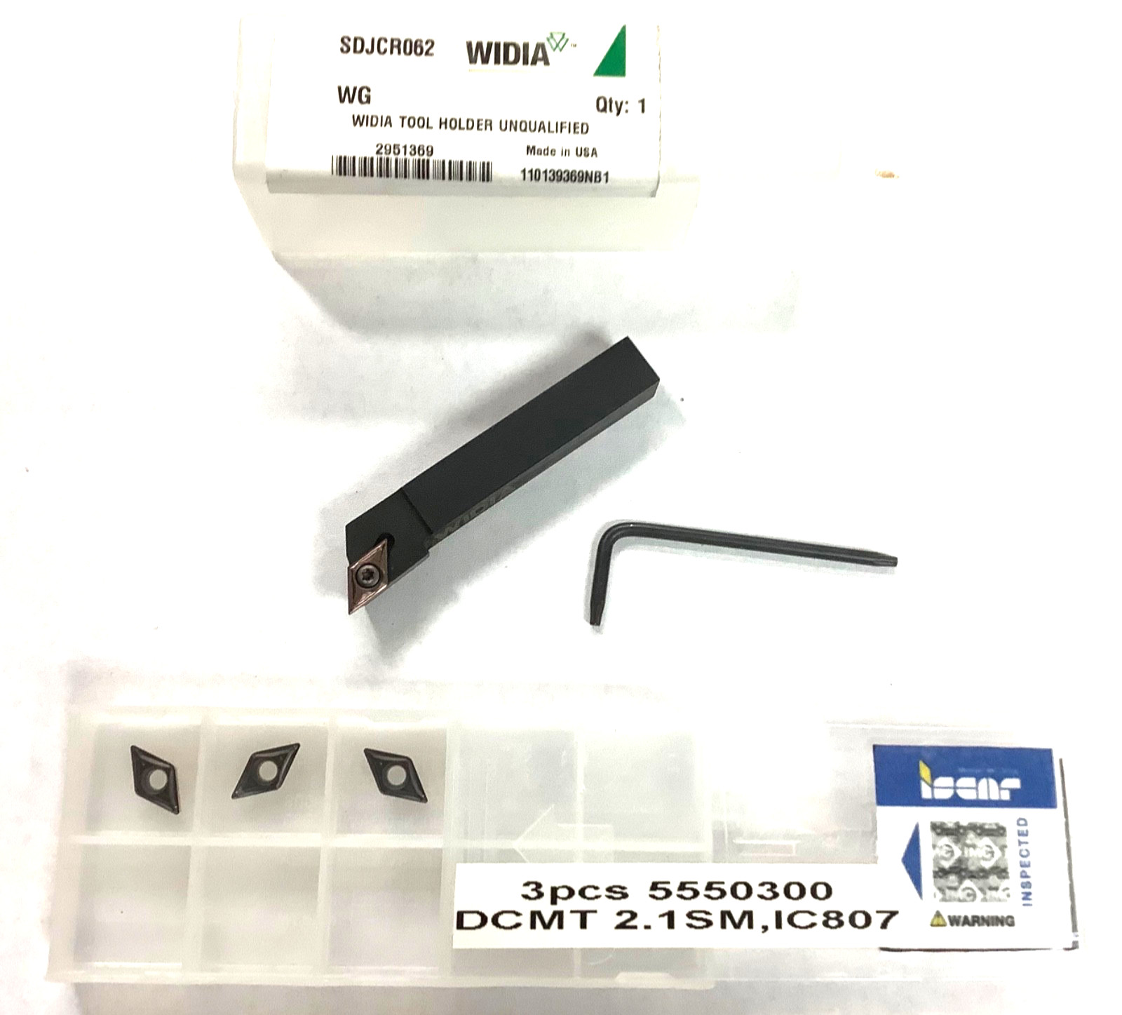 WIDIA SDJCR062 3/8″;-RH TURN-PROFILE TOOLHOLDER + 3PCS ISCAR DCMT2-1 SM INSERTS.