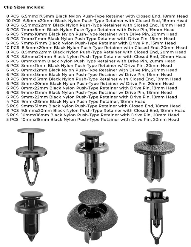 Nylon Push Type Retainers with Drive Pins Assortment – 160 PCS