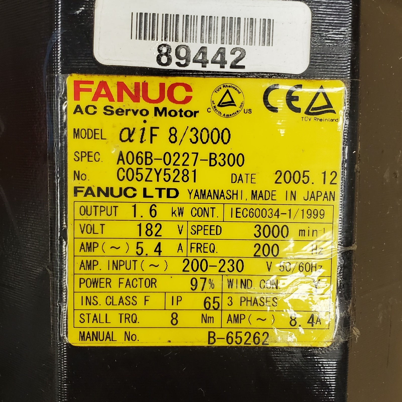Fanuc A06B-0227-B300 Servo Motor 1.6 KW 3000 RPM 230VAC 3~ A860-2000-T031 – NICE