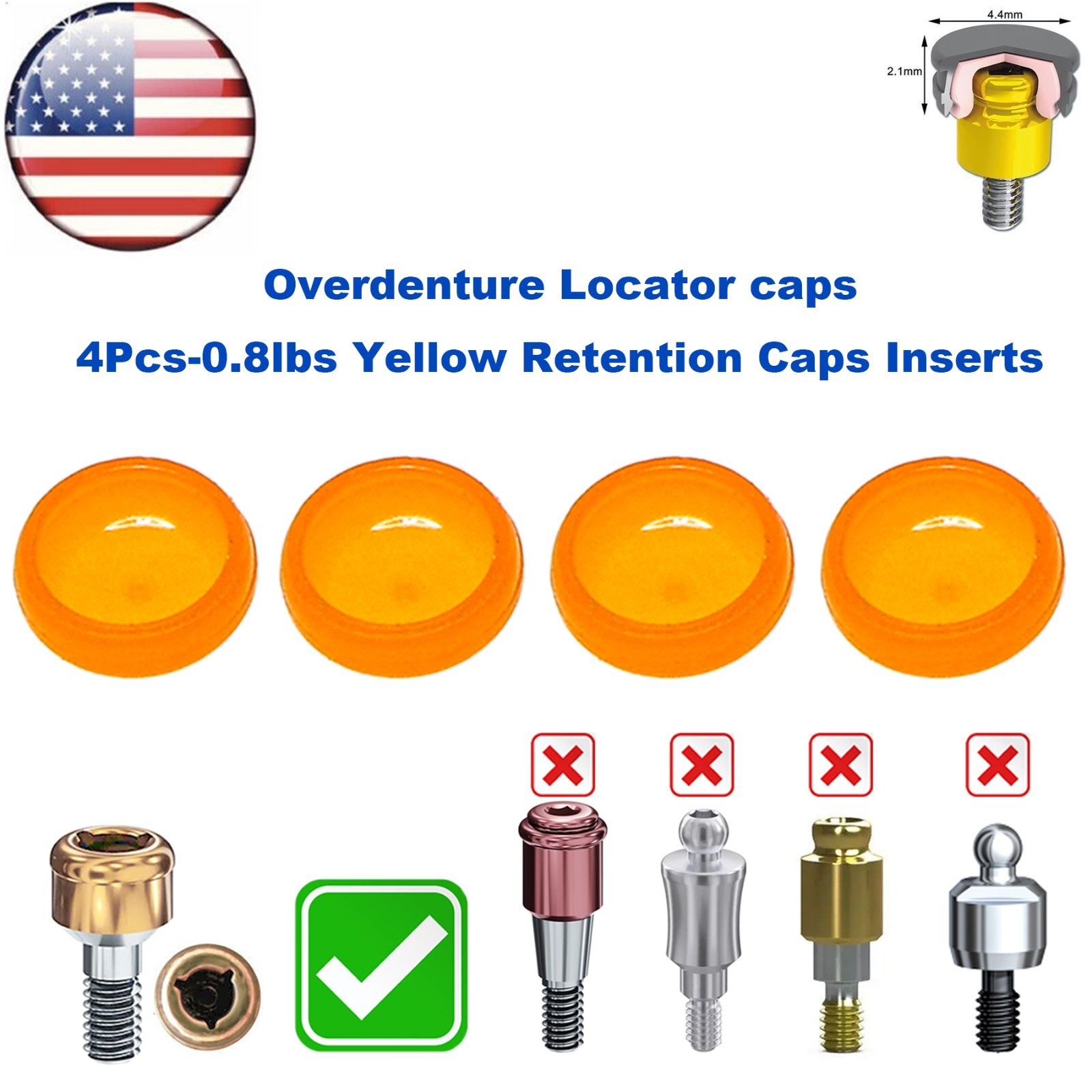 US Overdenture Dental Locator Abutment Retention Caps 1.2/2.4lbs Metal Housing