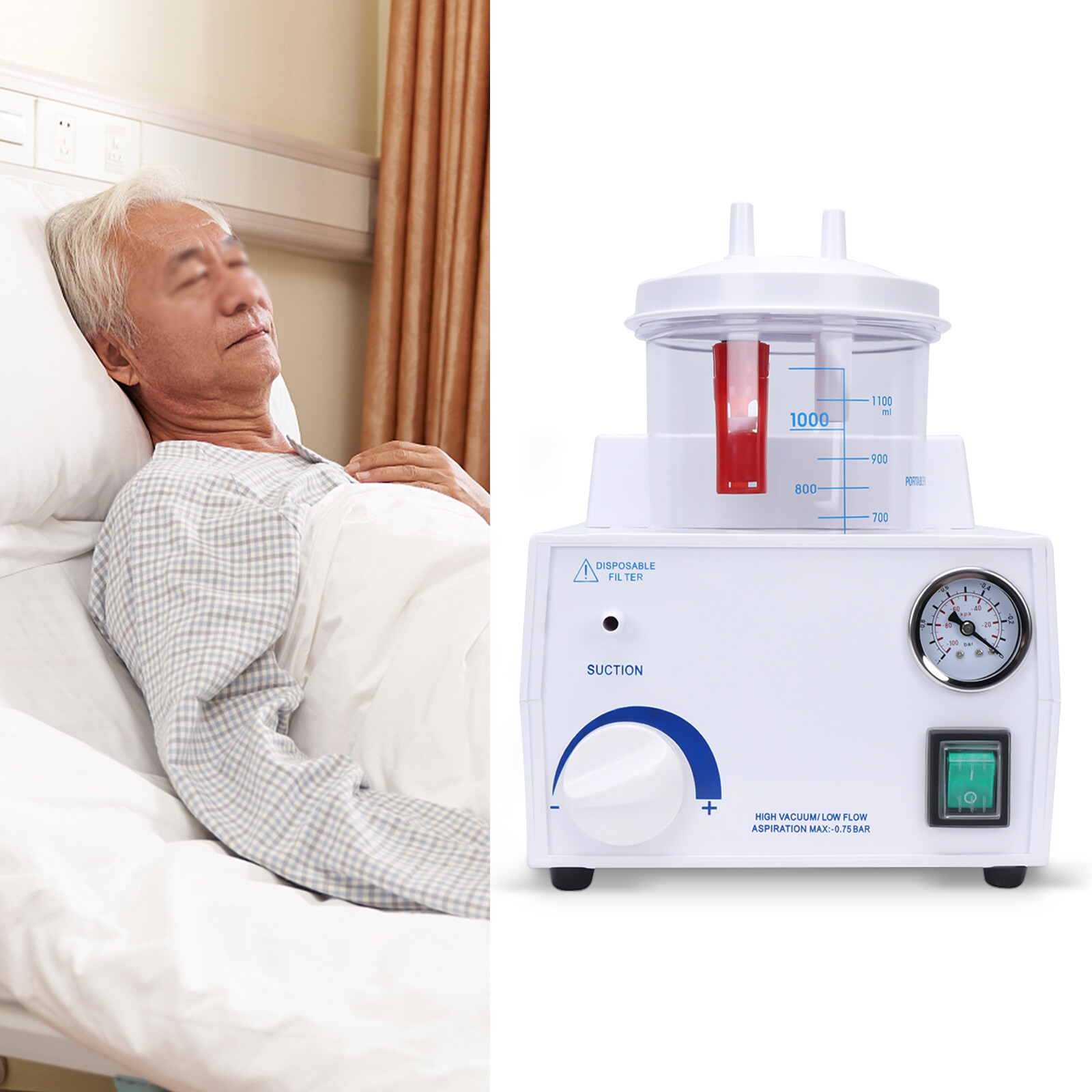 1000mL Portable Phlegm Suction Unit Emergency Medical Vacuum Aspirator Machine