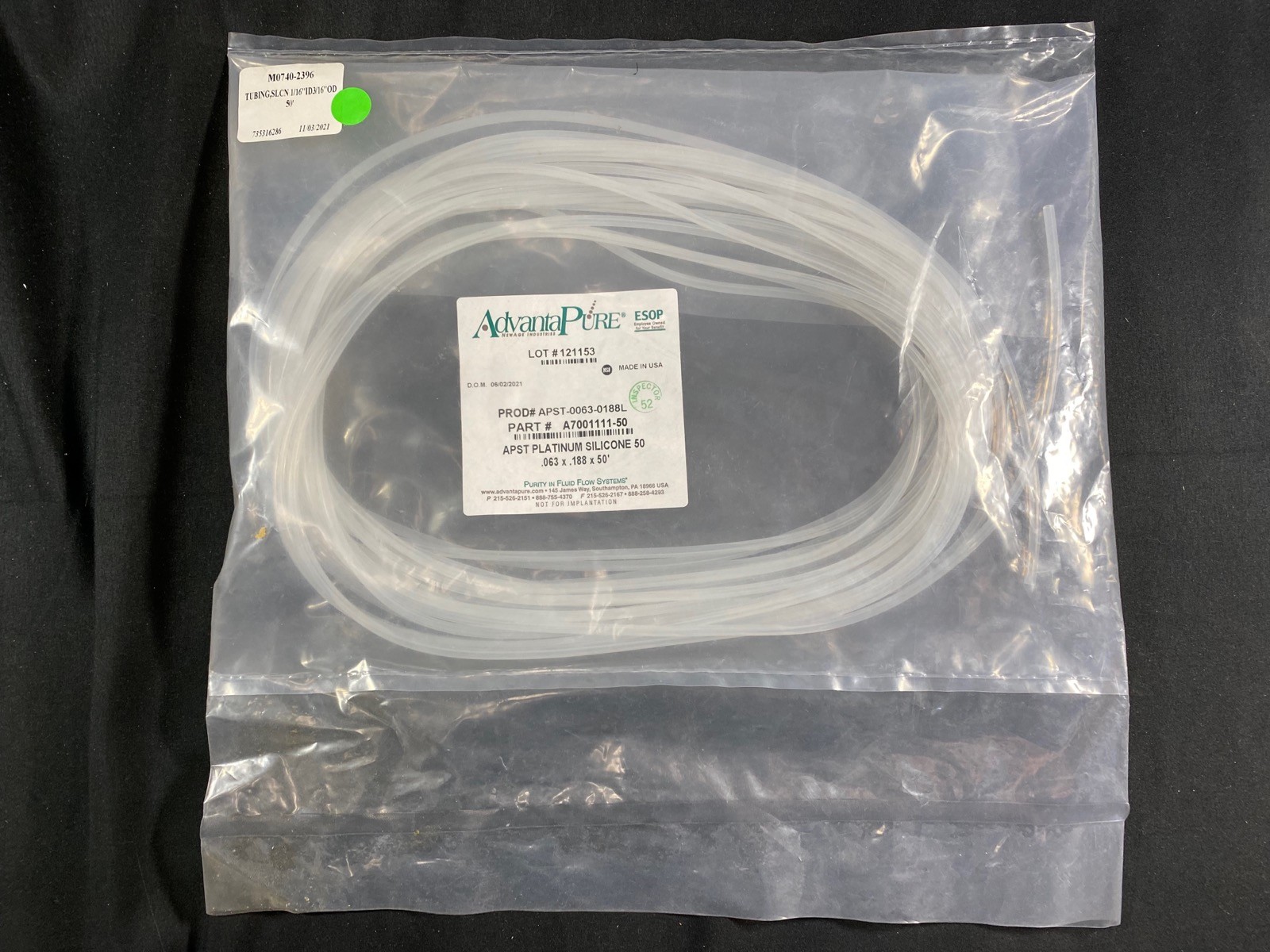 ADVANTAPURE PST Platinum Silicone Tubing 1/16in ID x 0.188in OD A7001111-50 50ft