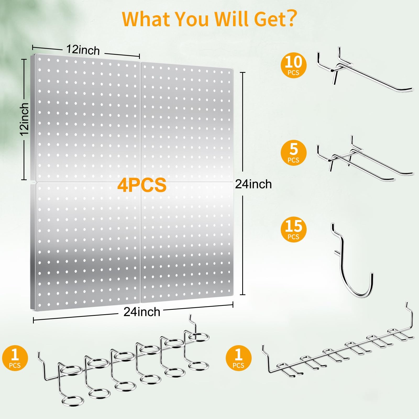 FZK Peg Board, 4 Pack Metal Pegboard Kit,Silver 36PCS-Silver Kit
