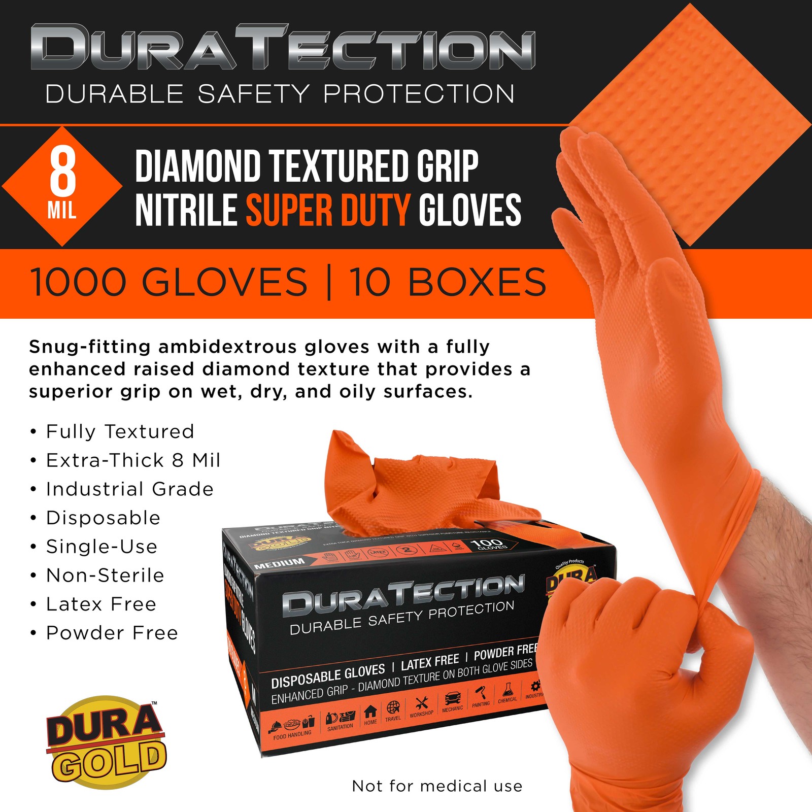 Duratection 8Mil Super Duty Diamond Textured Nitrile Gloves, 1000 Gloves, Medium