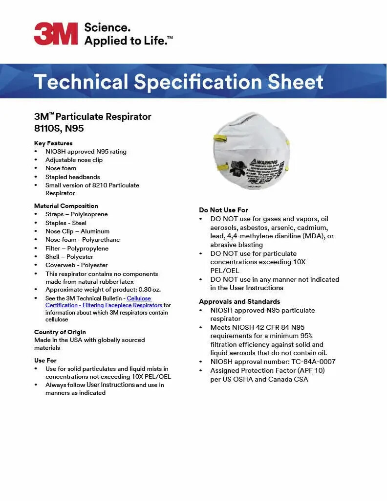 3M 8110S SMALL Disposable N95 Particulate Respirator Protection Face Masks