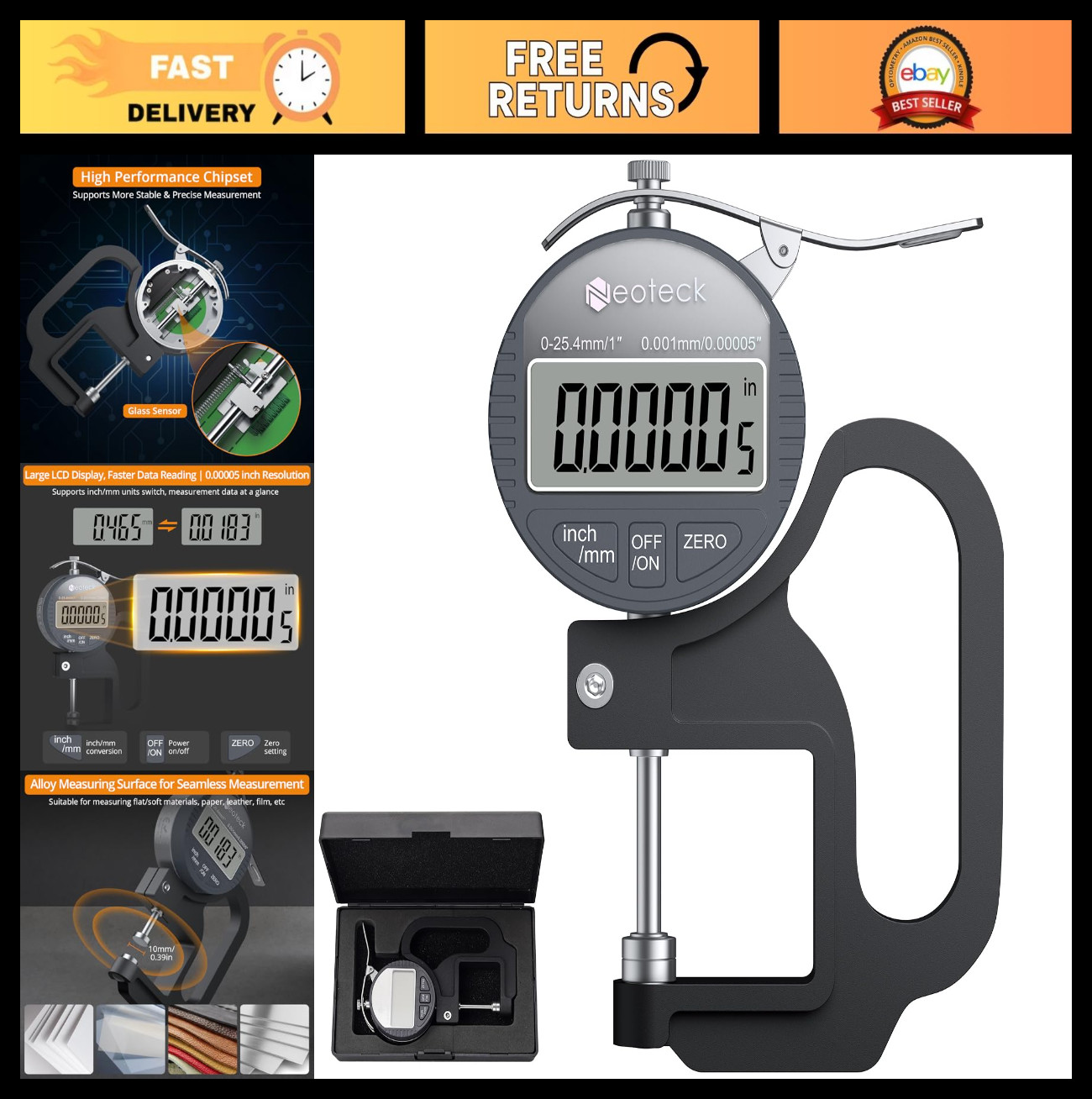 Digital Thickness Gauge 1″ 25.4mm LCD Display, Inch/MM Conversion, Quick Press T