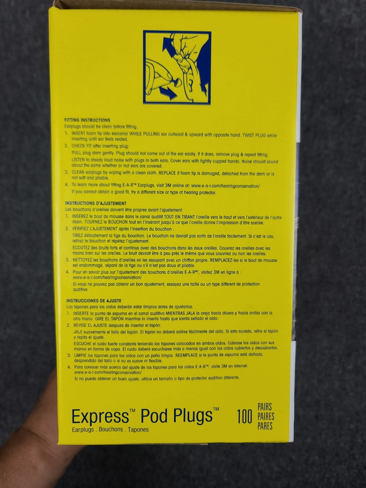 100 Pack of E-A-R Express Pod Plugs 3M Reusable Foam Ear Shape 25 Db 321-2200