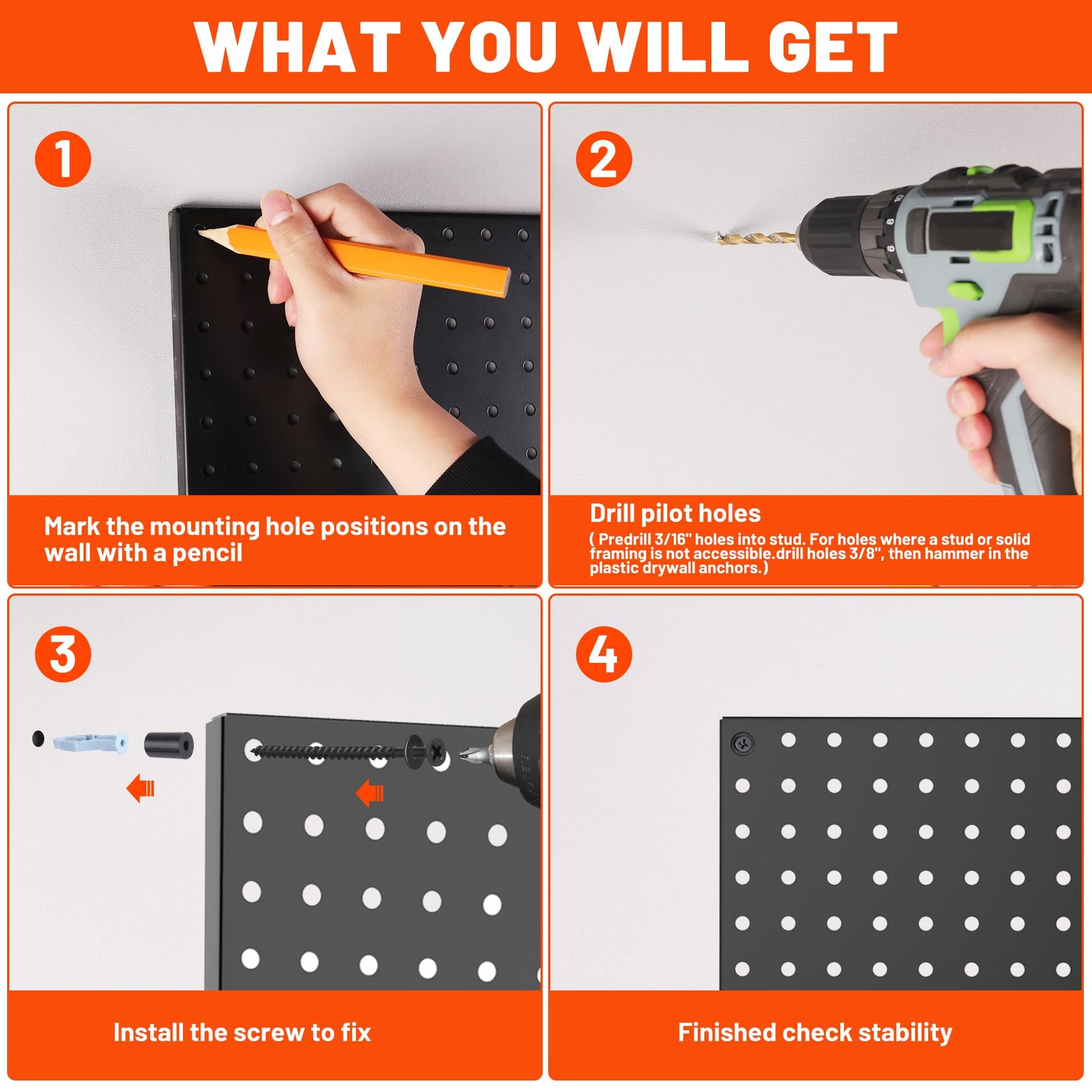Metal Pegboard Panels 6 Pack 12×12 Inch Heavy Duty Black Wall Organizer
