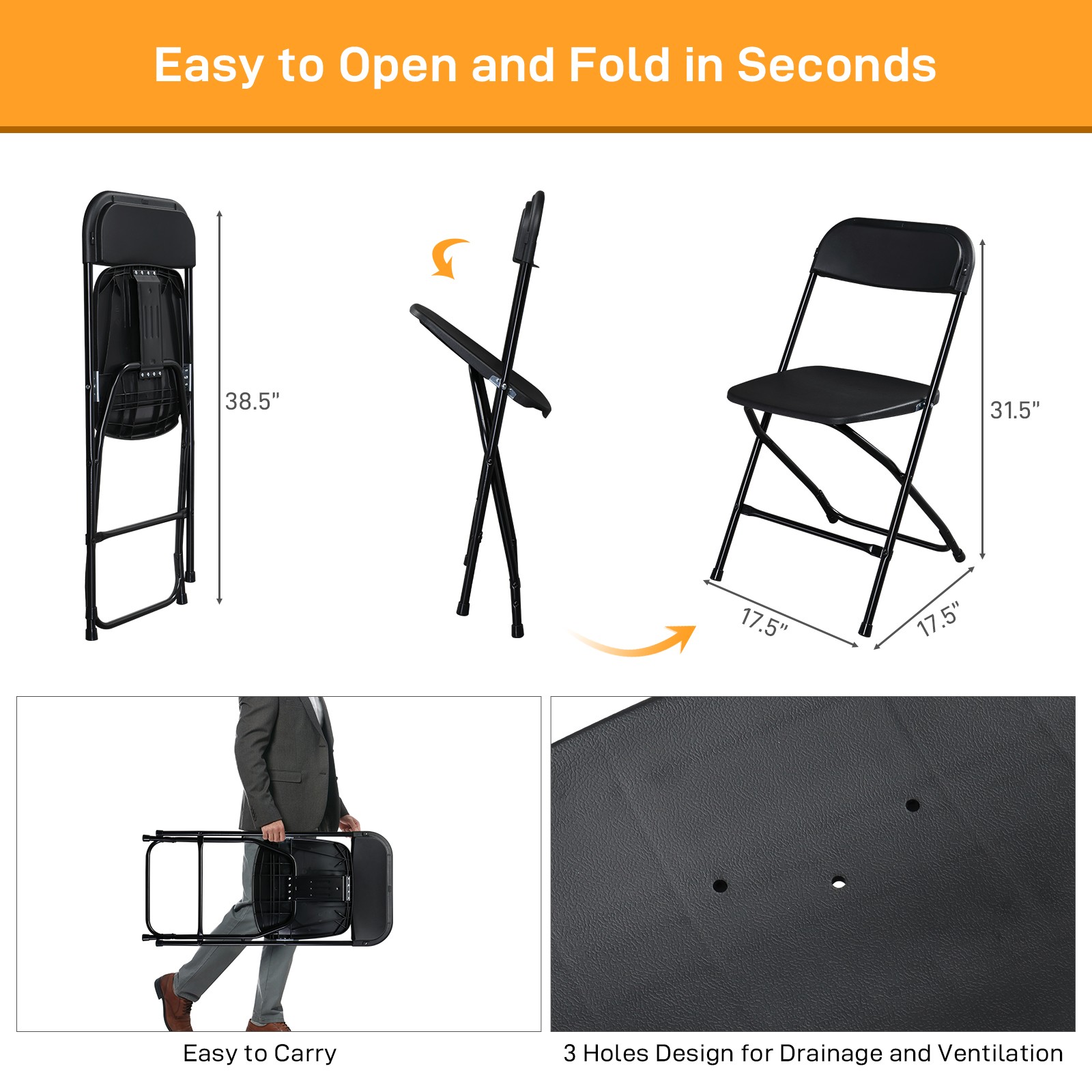 Set of 6 Commercial Stackable Plastic Chair Wedding Quality Folding Chairs