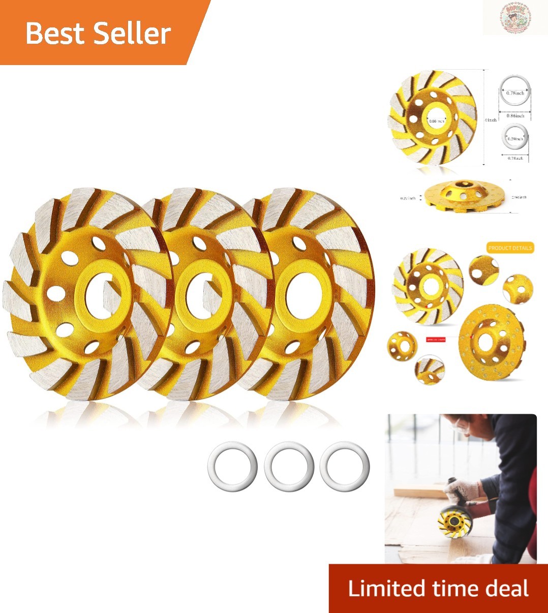 4-Inch Diamond Cup Grinding Wheel Set – 3 Heavy Duty Segs for Concrete Grinding