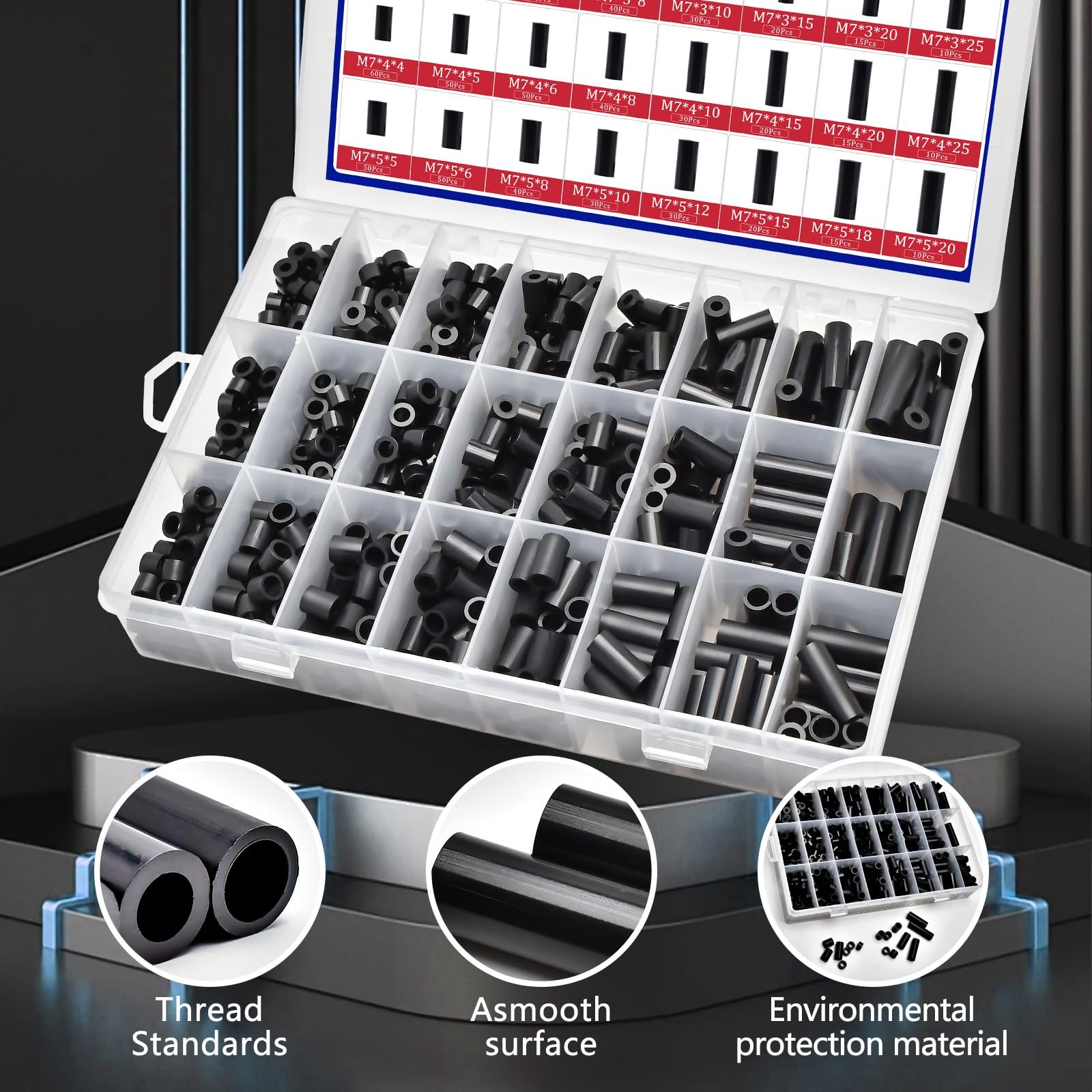 795Pcs Nylon Round Spacer Non-Thread Plastic Standoff Assortment Kit Black Ny…