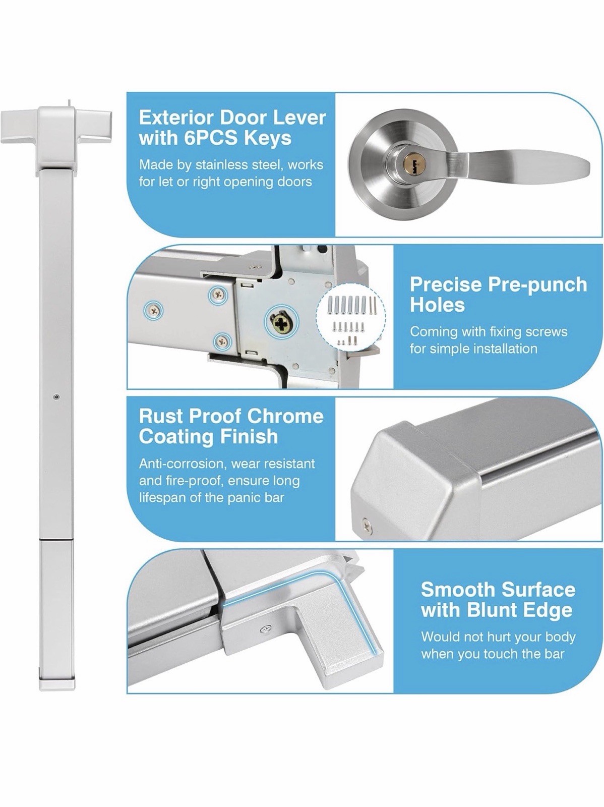 IRONWALLS Door Push Bar Panic Exit Device Aluminum Handle Lever SILVER 32-47″
