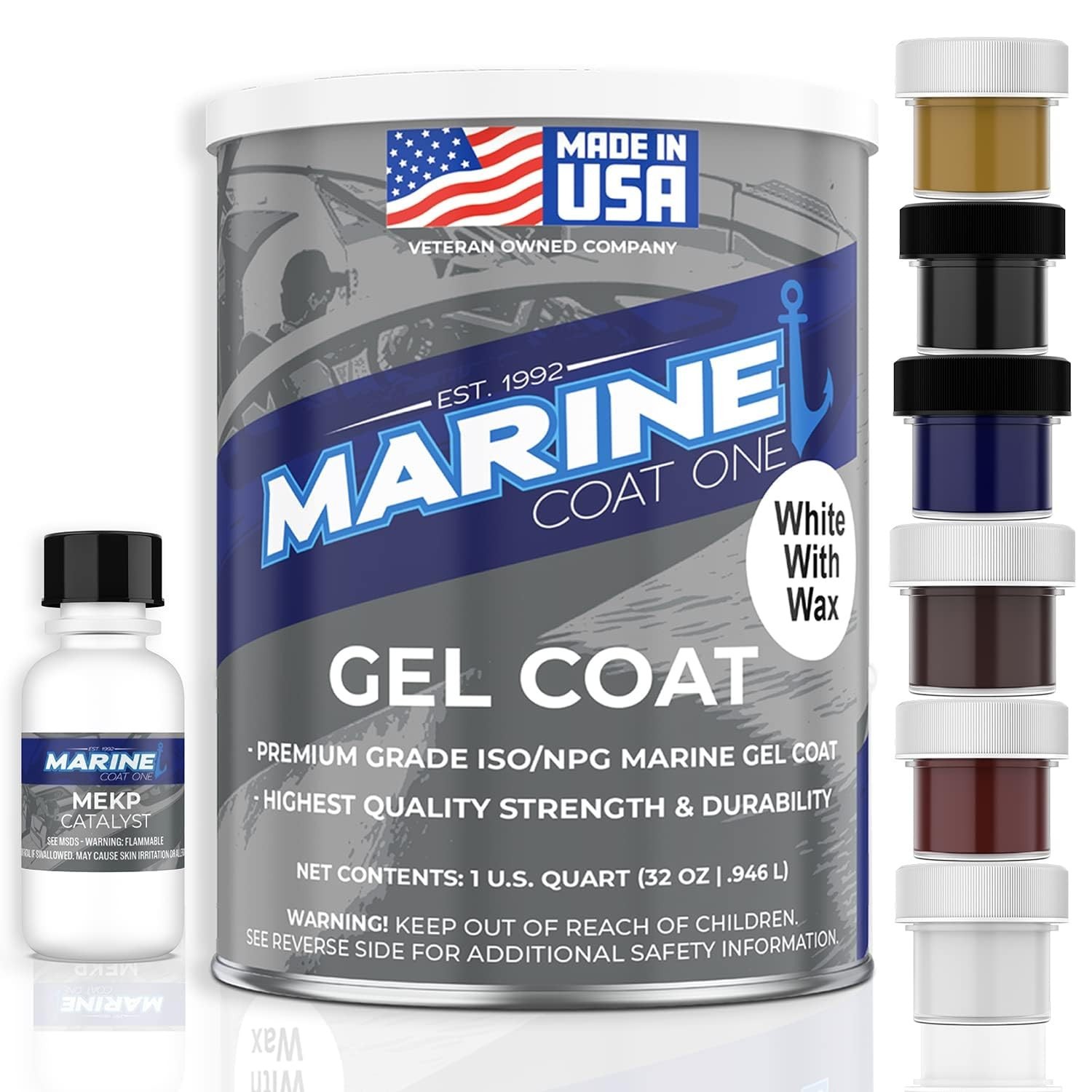White Gel Coat with Wax & MEKP Catalyst, 6 Color Tints, Fiberglass Repair Kit (1