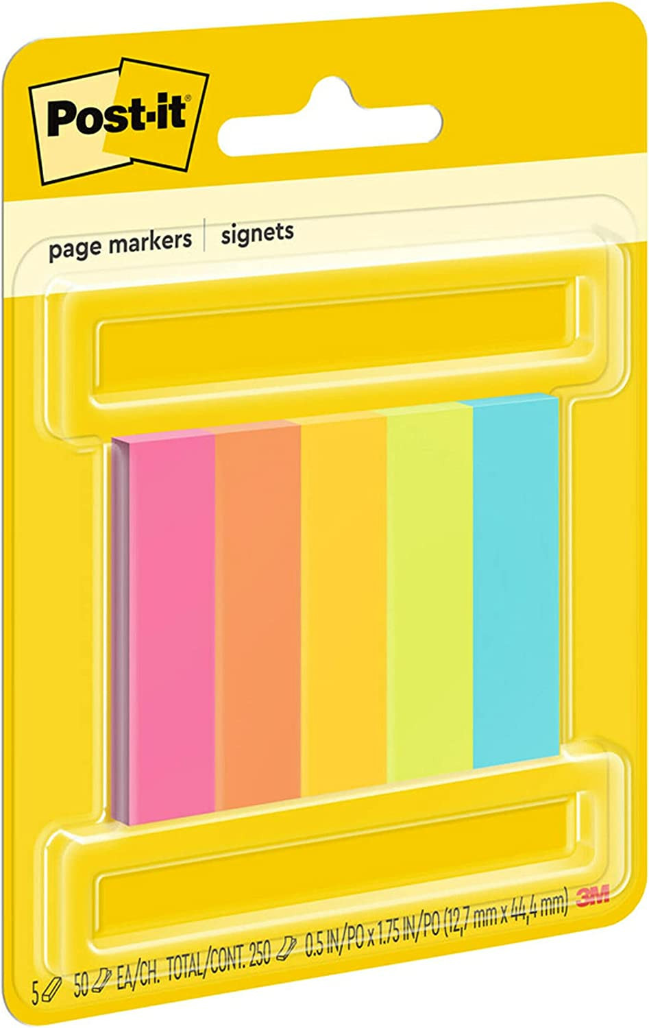 Post-It Page Markers, Assorted Colors, 1/2 in X 2 In, 50 Sheets/Pad, 5 Pads/Pack