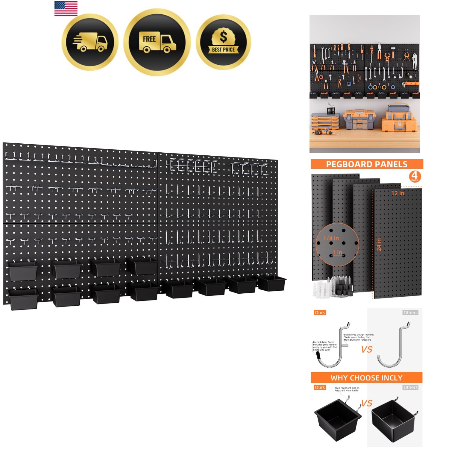 158PCS Metal Pegboard Wall Organizer, 48×24 Inch Black Pegboard Panels Tool O…