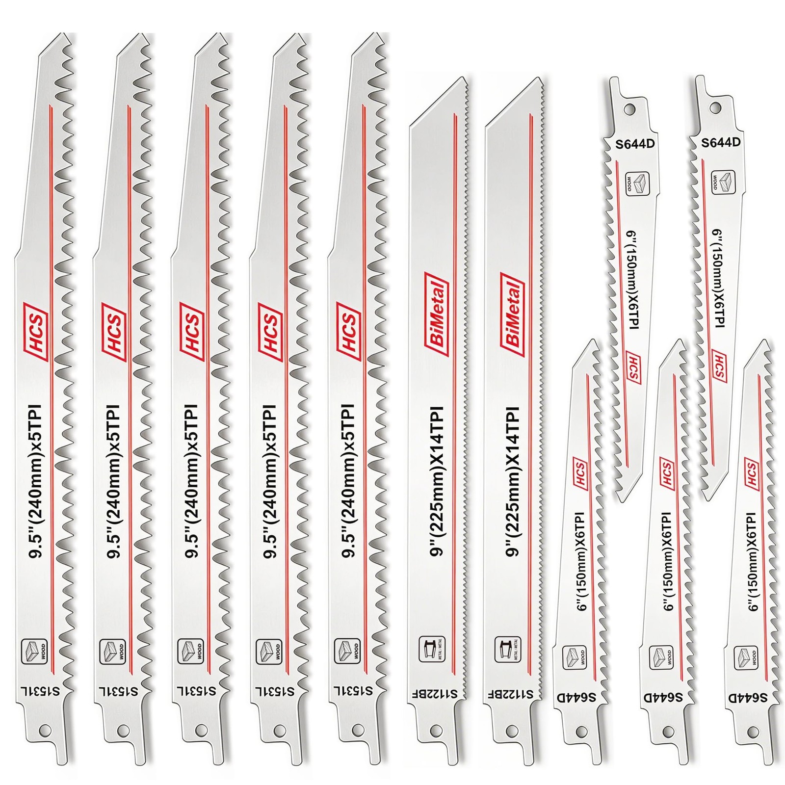 12-Piece Reciprocating Saw Blade Set,Premium 6 & 9 &9.5 Inch BiMetal/HCS Saw…