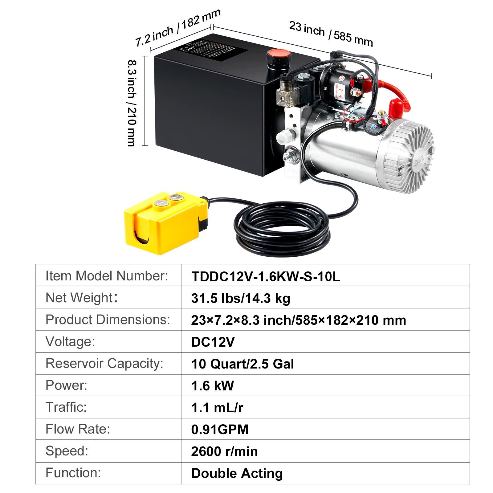 12V 1.6kW Hydraulic Pump 10qt, 3200 PSI, DC Double-Acting for Dump Trailer