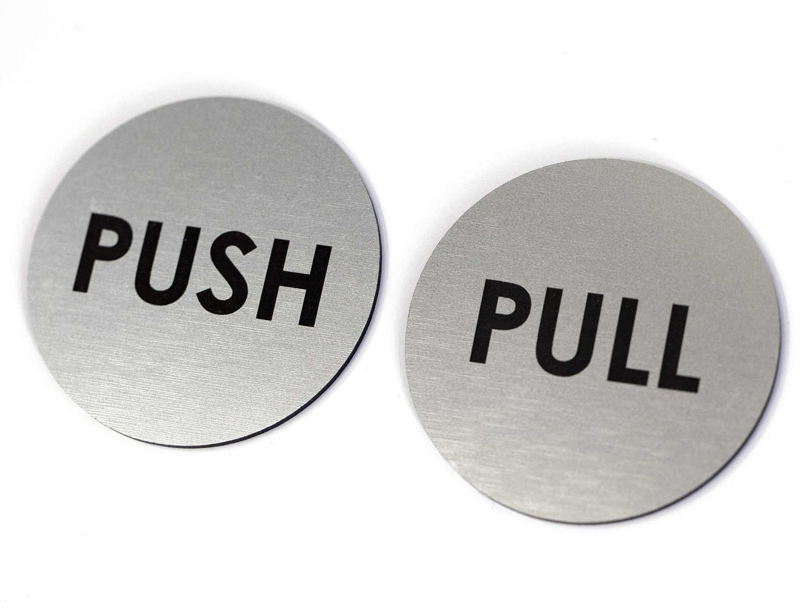 Brushed Silver Push Pull Door Signs – Set of 2, 2″ Round, Laser Engraved, Indoor