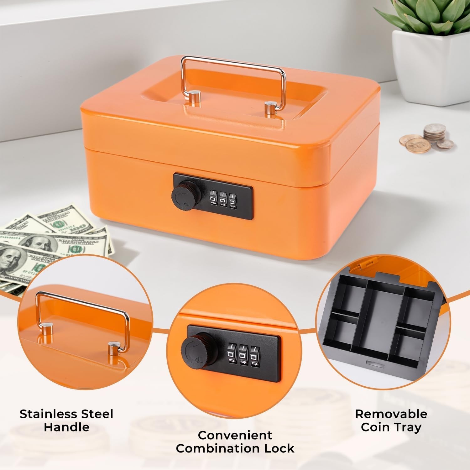 Cash Box with Money Tray and Combination Lock Metal Money Box Change Lock Box…