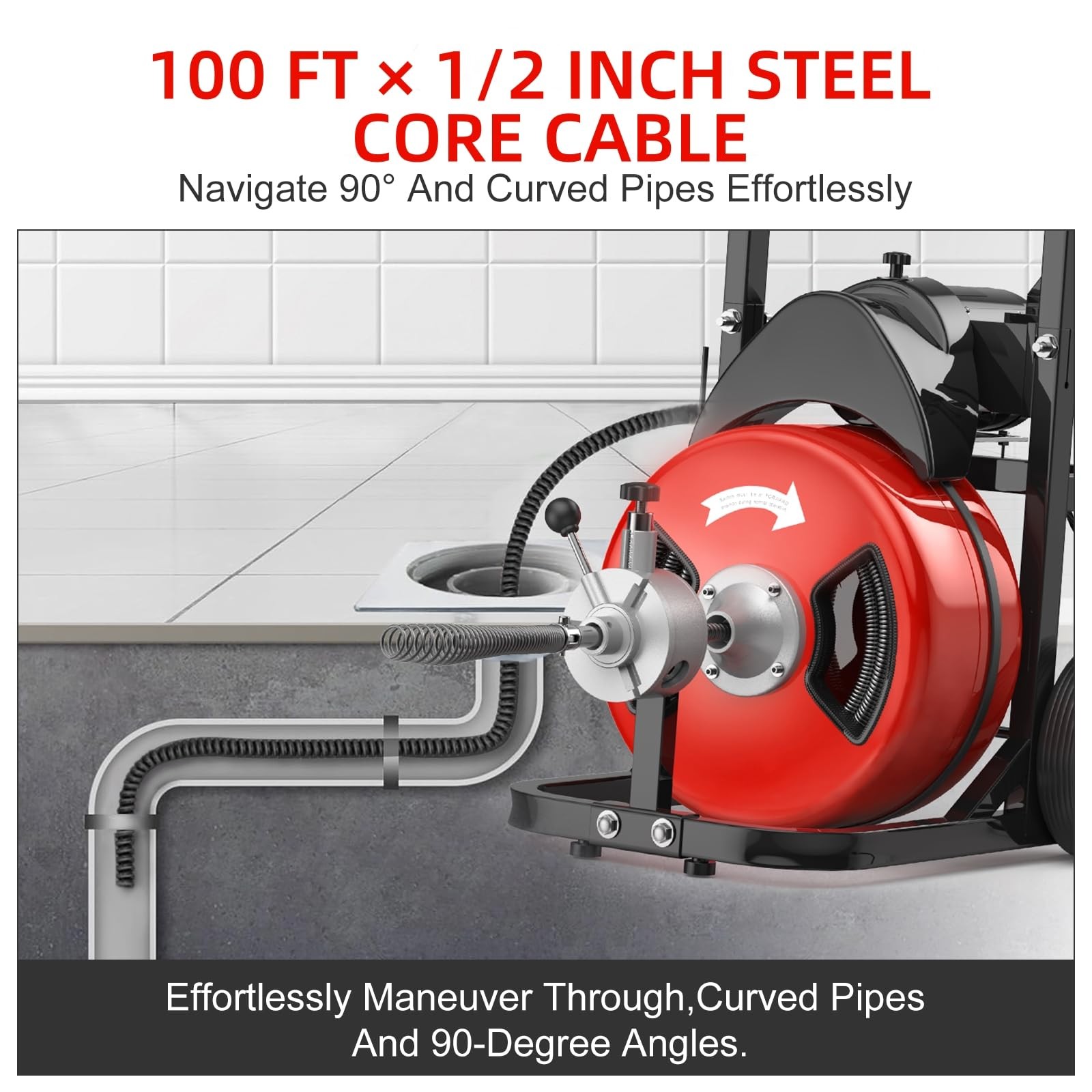 750W Drain Cleaner Machine 100FT Steel Cable 1/2 Inch Electric Portable Sewer