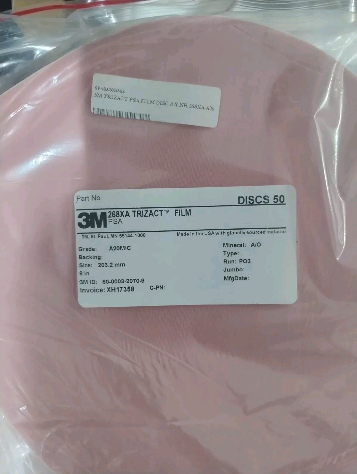 3M Trizact PSA Film Disc 268XA, A20, 8in, (50 Ea)